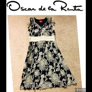 Oscar de la Renta 100% Silk Dress Sz 4 Lace Waist Gathered Ribbon Crinkle fabric